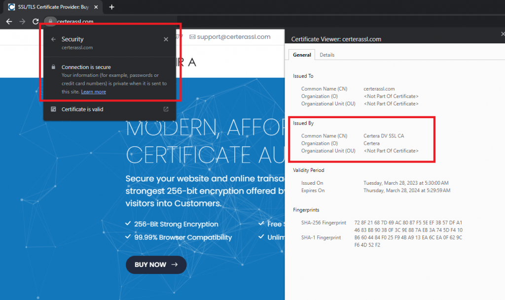 Website Secured with Certera SSL Certificate in Browser