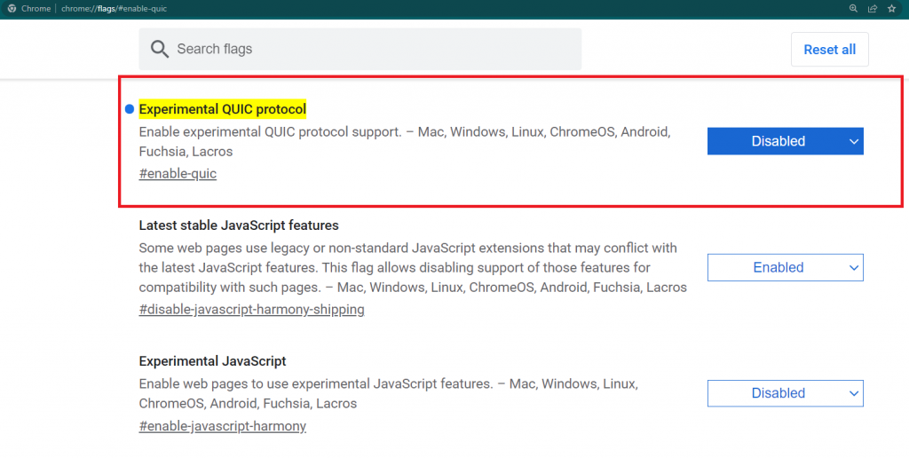 Disable QUIC Protocol in Chrome