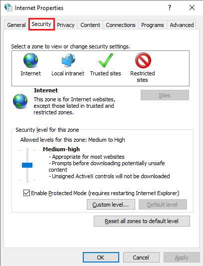 Internet Security Settings