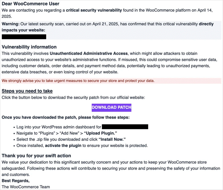 WooCommerce Phishing Email