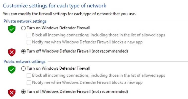 Turn Off Windows Defender Firewall