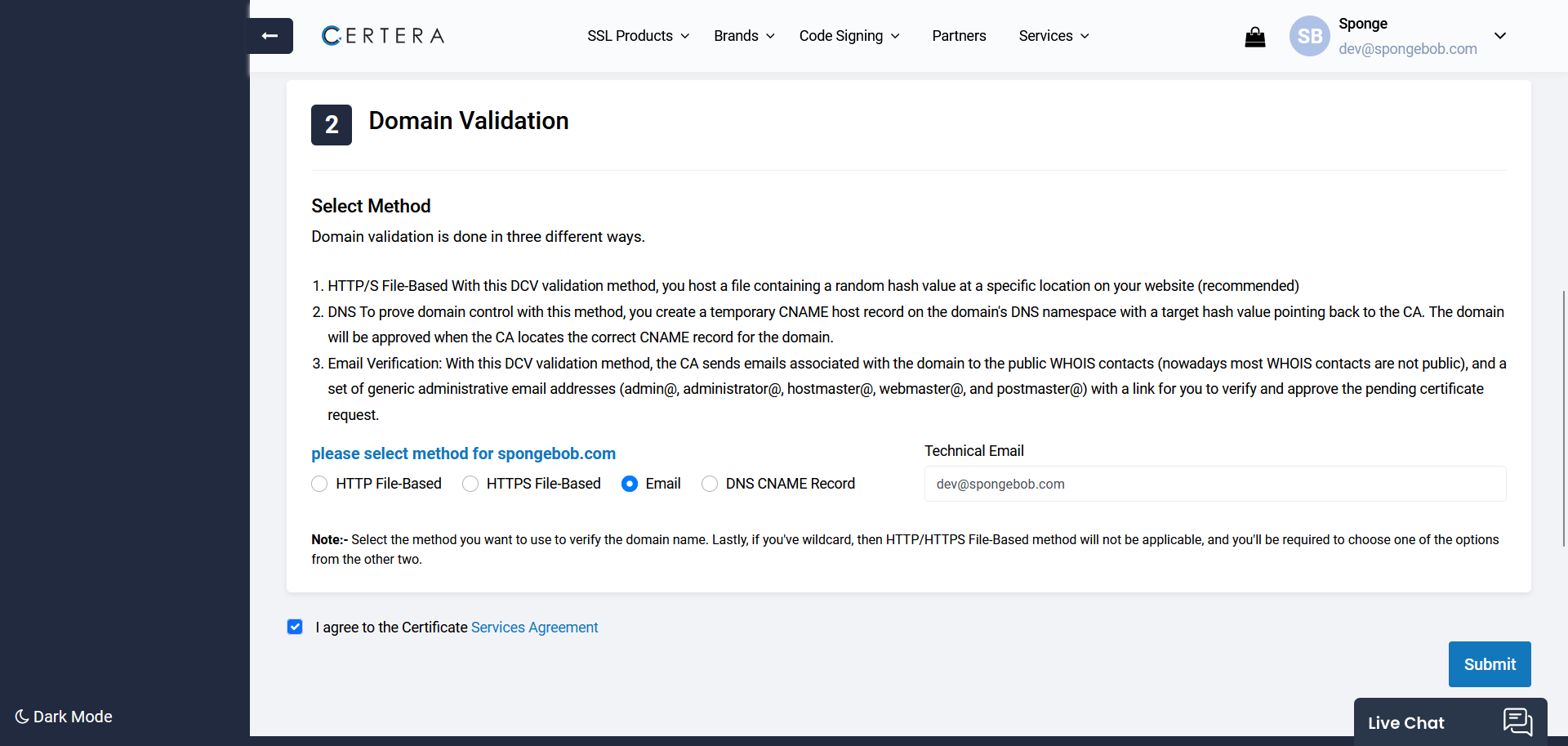 Select Domain Validation Method